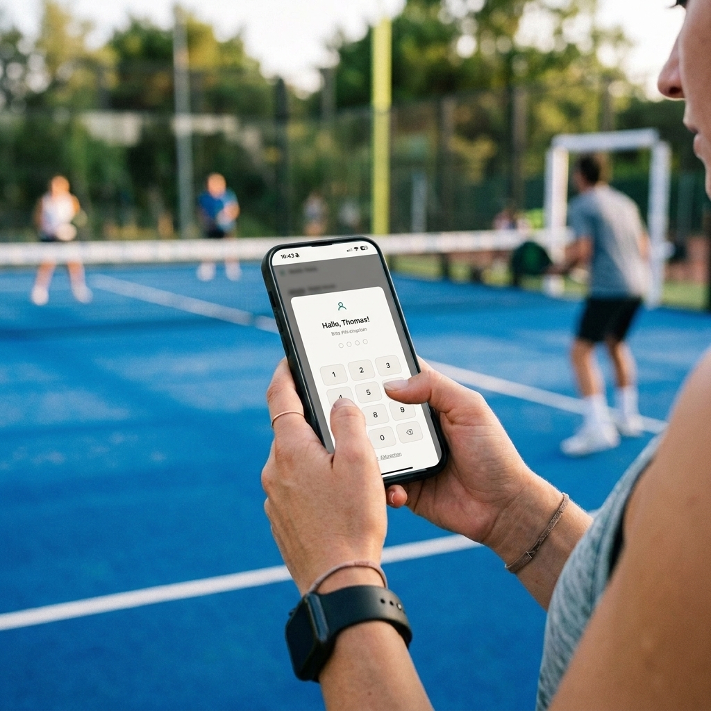 Mano sosteniendo un smartphone que muestra la pantalla de entrada del PIN en la pista
