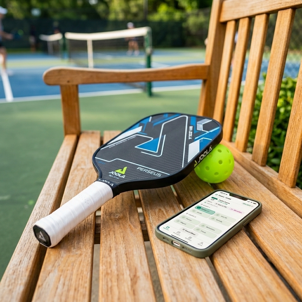 Pala de pickleball moderna y smartphone en un banco de madera junto a la pista